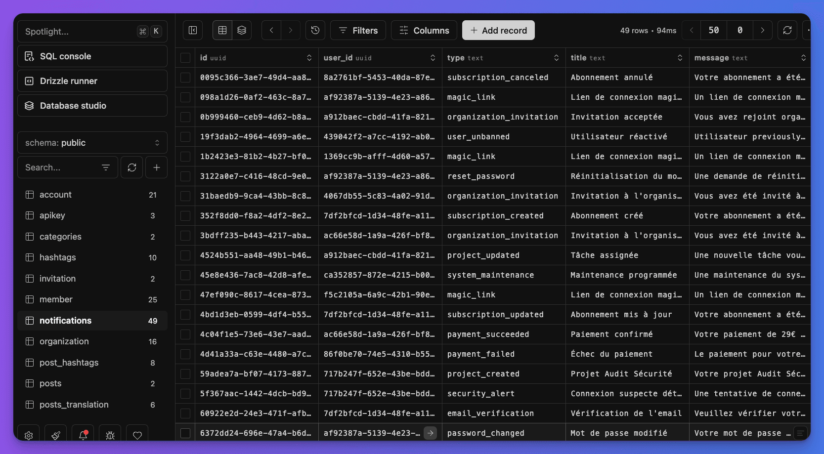 Drizzle Studio database management interface