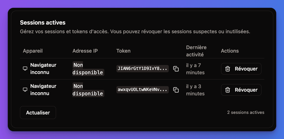 Active sessions management interface