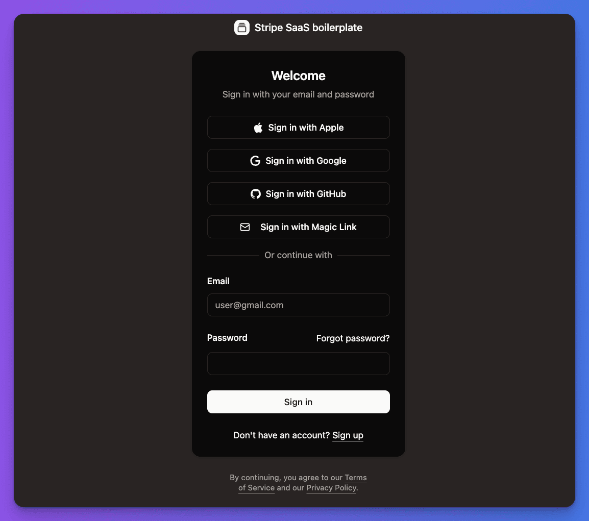Login form with email/password fields and social auth options