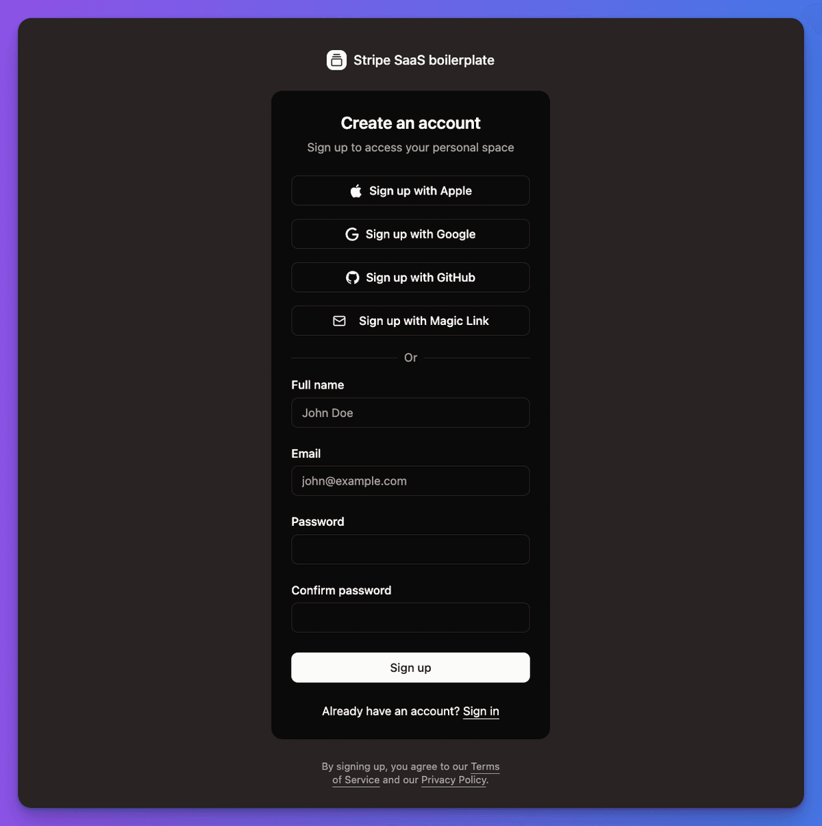 Registration form with name, email, password fields and social auth options