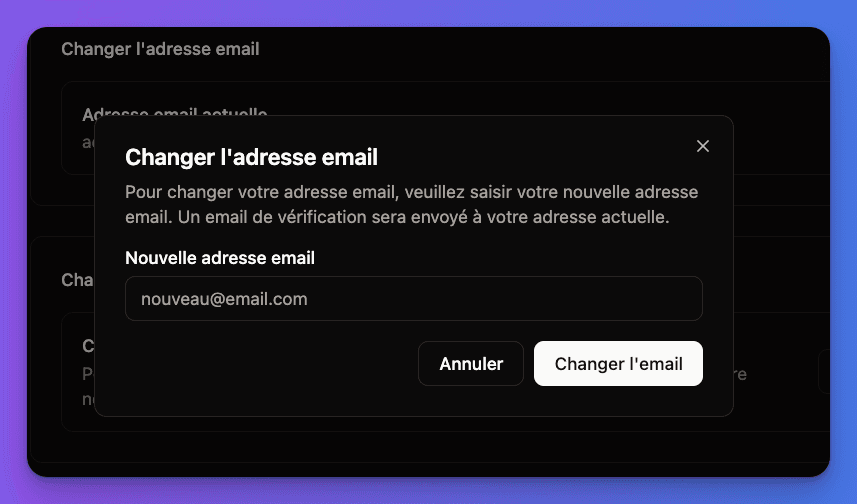 Email change interface in account settings