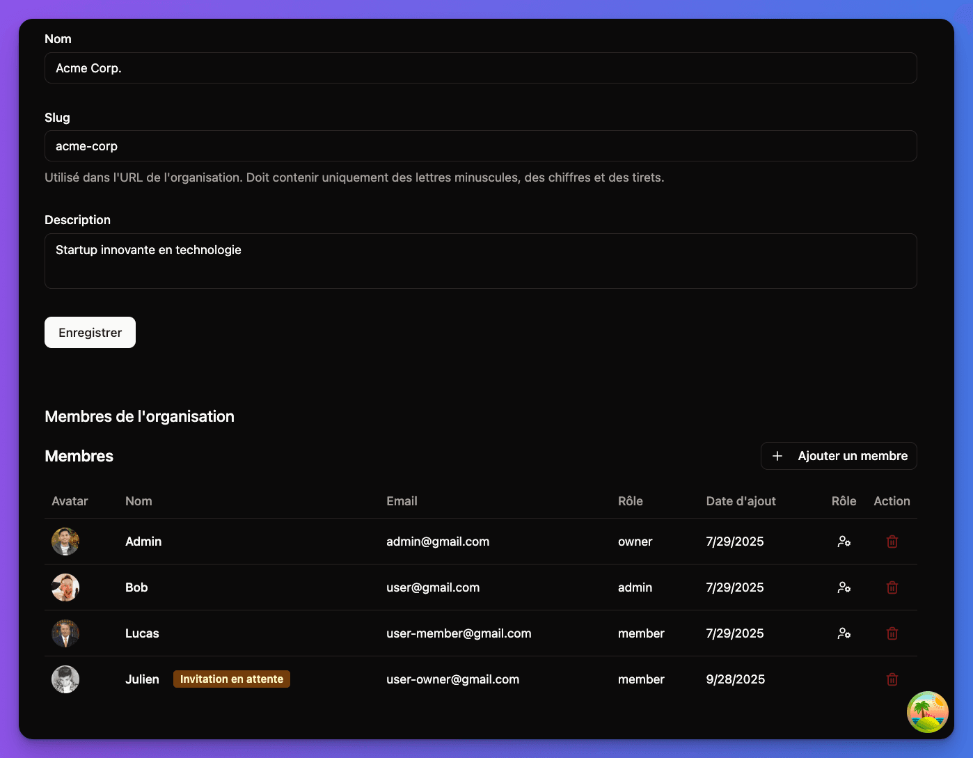 Detailed organization members interface