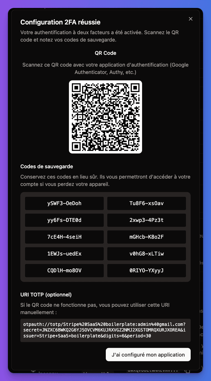 2FA backup codes generation interface