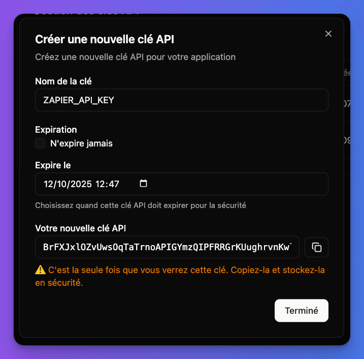 API key creation interface