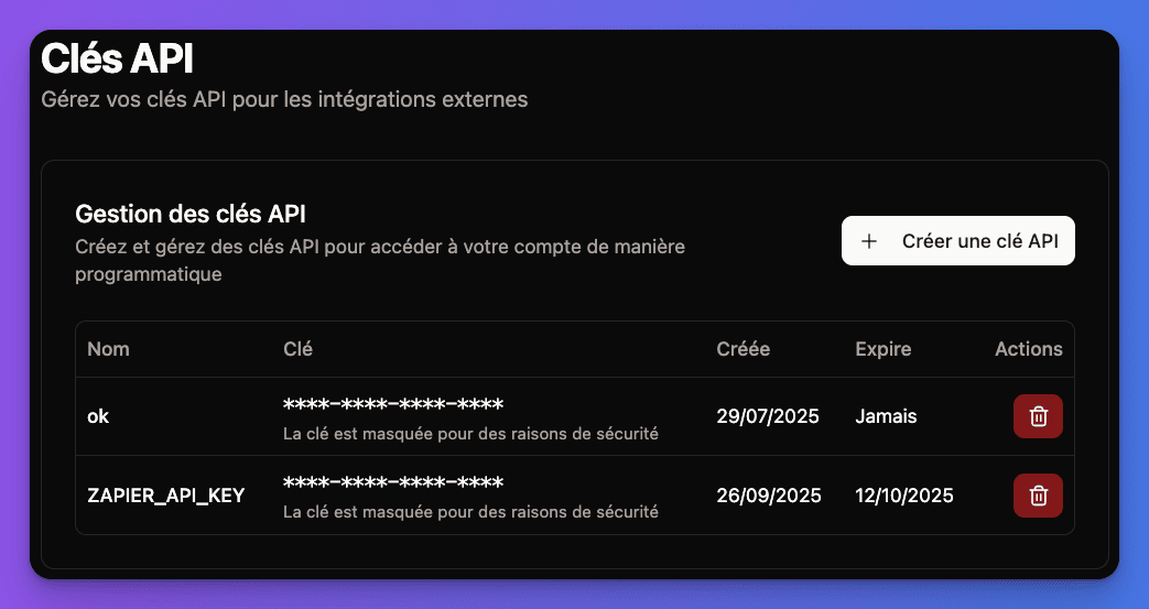 API keys management interface