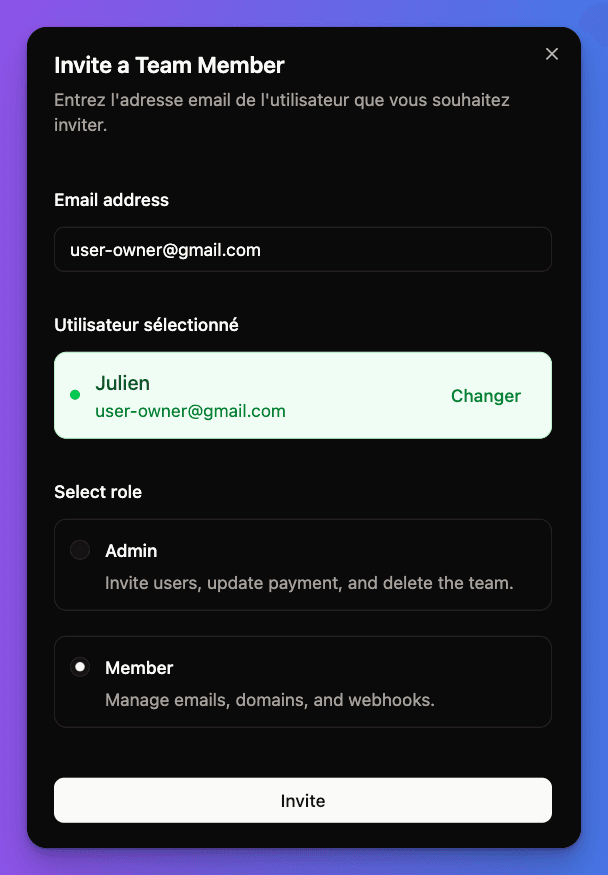 Organization member invitation interface