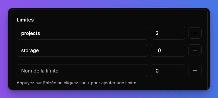 Plan limits and usage configuration interface