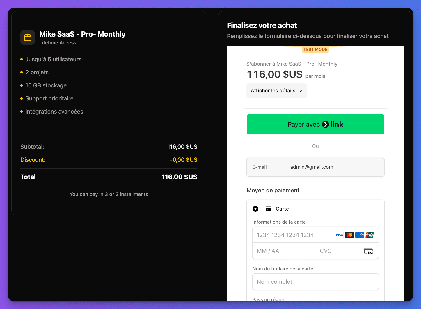 Embedded Stripe checkout form