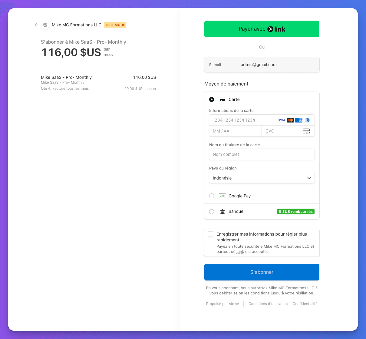 External Stripe checkout redirect