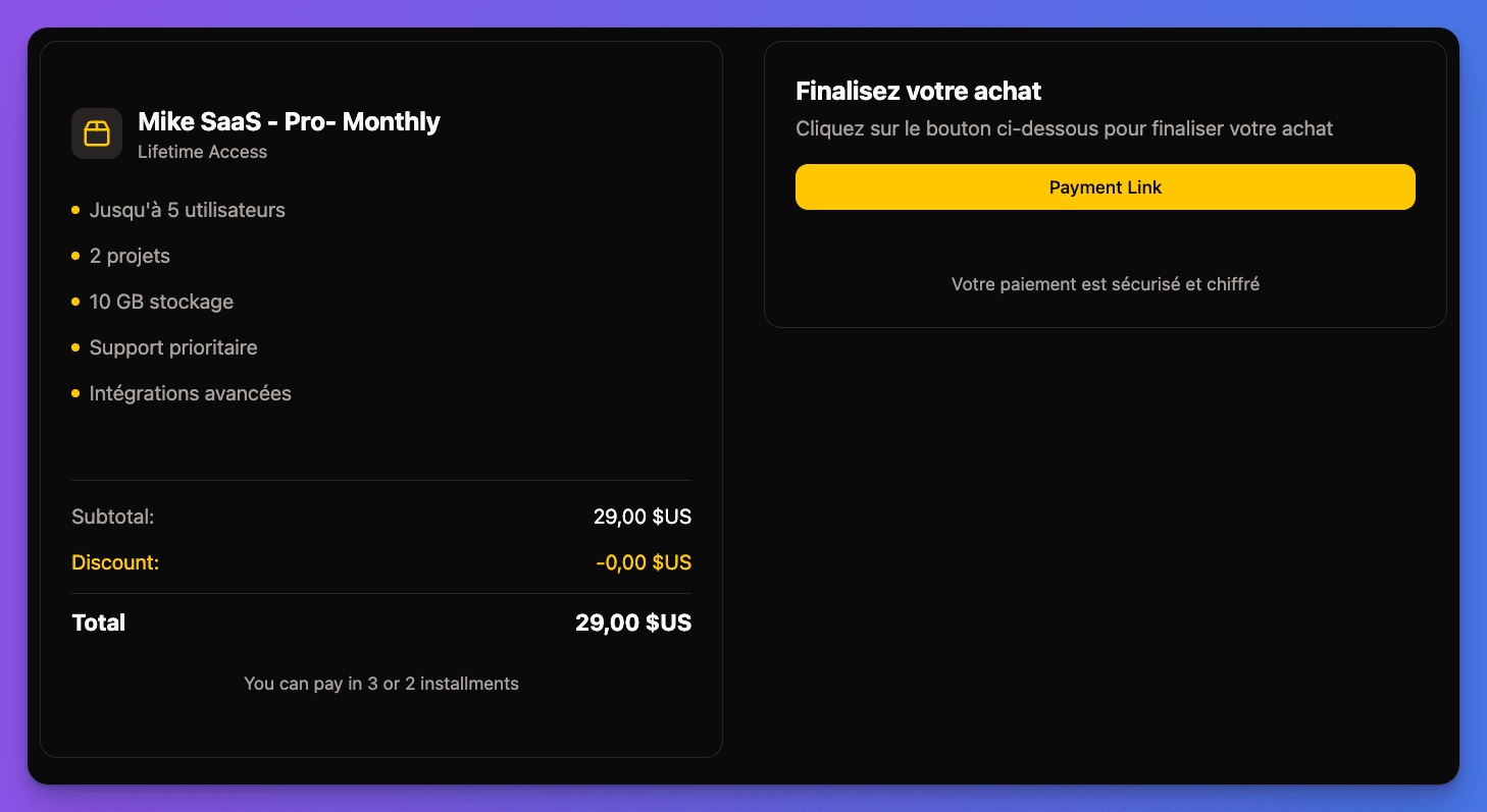 Stripe payment link interface