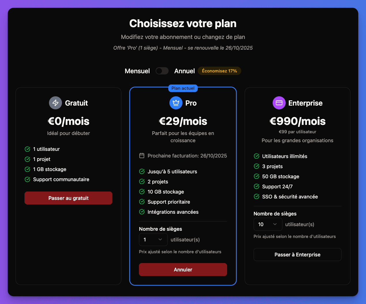 User subscription management interface