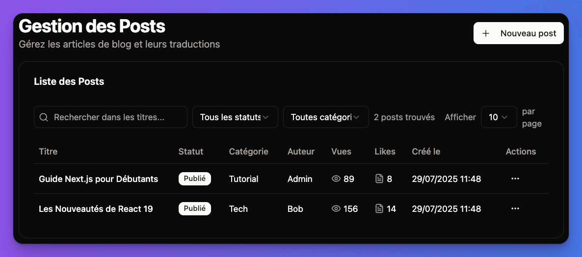 Blog admin management interface with post list