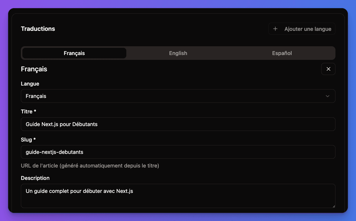 Multi-language blog management interface
