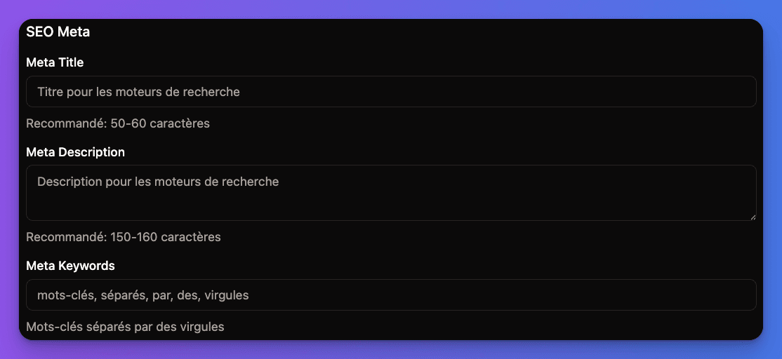 Blog SEO configuration interface