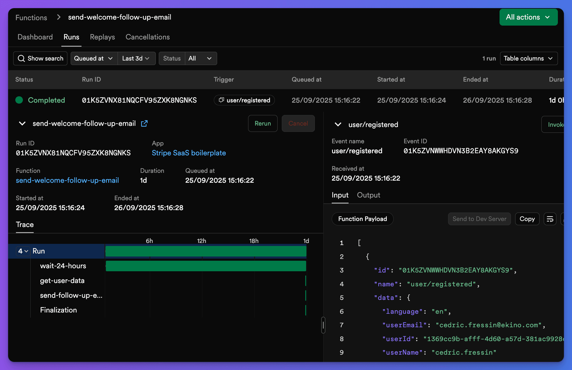 Inngest dashboard for function management and monitoring